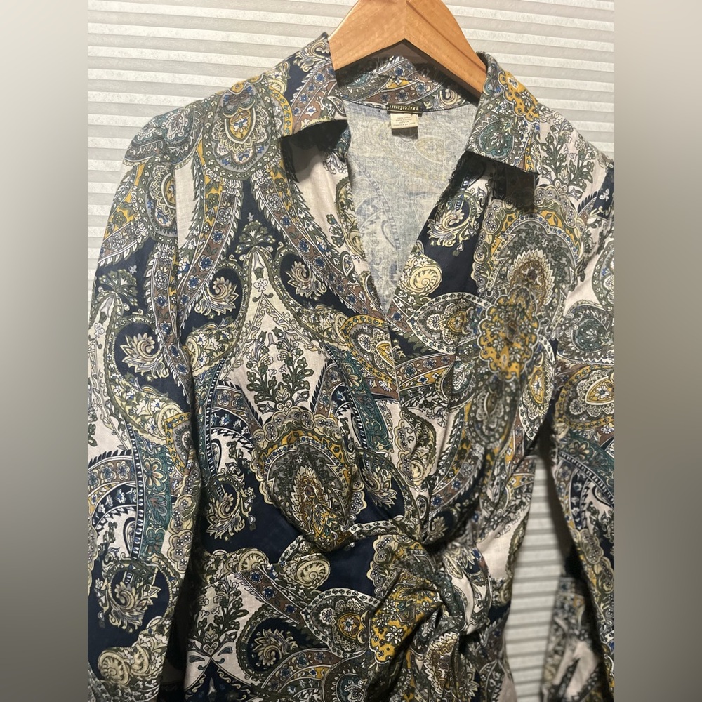 MAGASCHONI Oceanic Paisley 100% Linen Wrap Maxi Party Dress Size 6 Long Sleeve - Picture 3 of 13